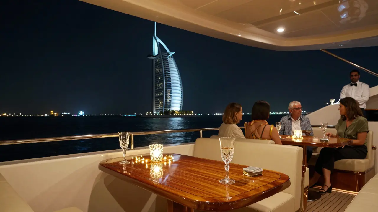 Private yacht deck at night with champagne glasses and Burj Al Arab illuminated in distance.