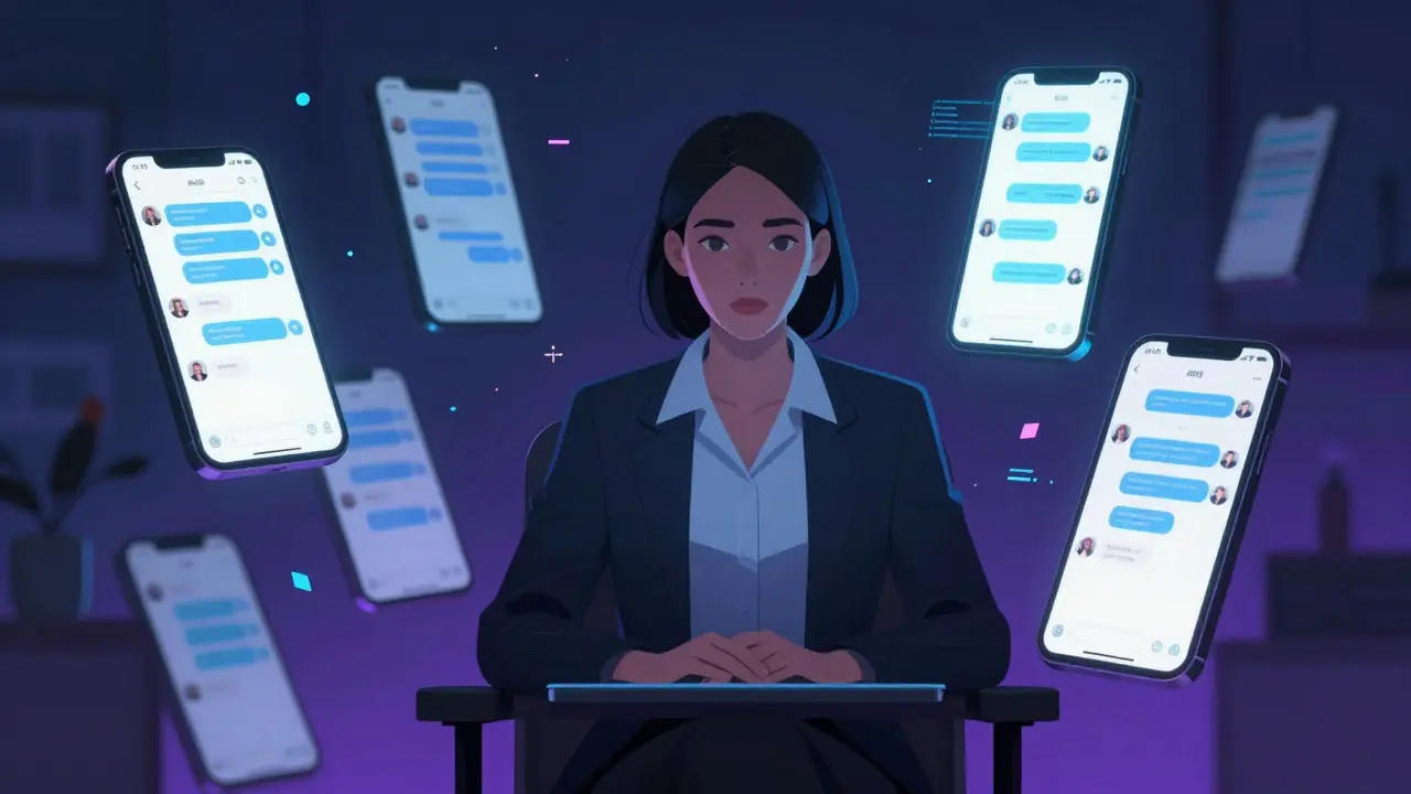 Professional examining phone screens surrounded by digital data icons