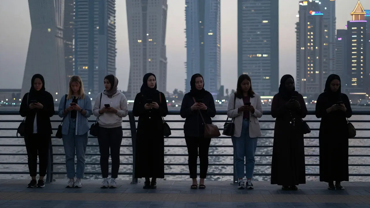 Silhouettes of women from different countries standing apart on a Dubai waterfront at dawn, no eye contact.