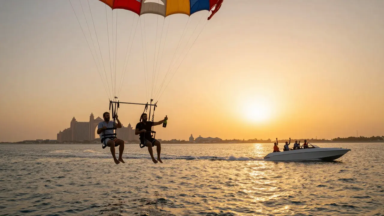 Six men parasailing above Palm Jumeirah at sunset, champagne in hand, speedboat with friends below.