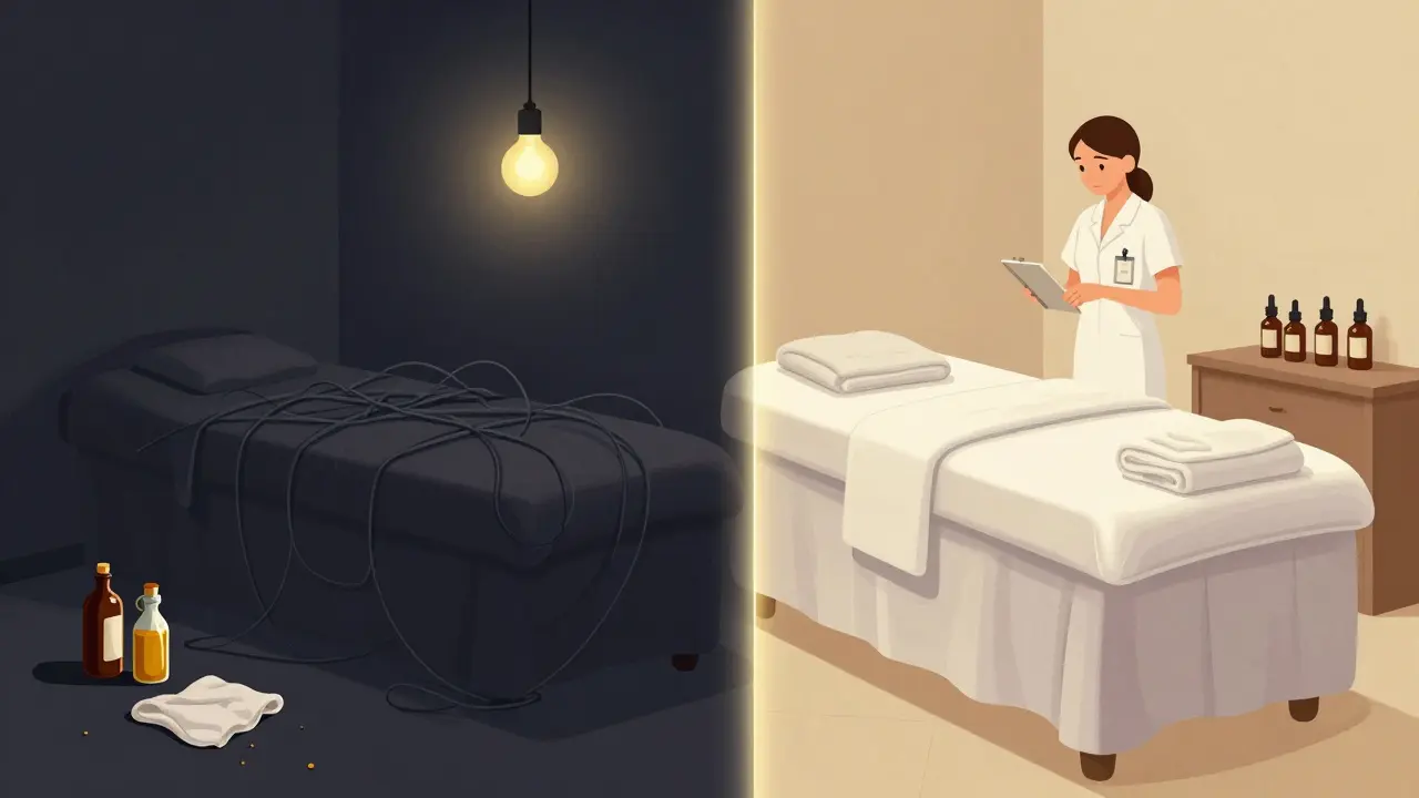 Split image contrasting an illegal massage room with a clean, licensed spa treatment room in Dubai.