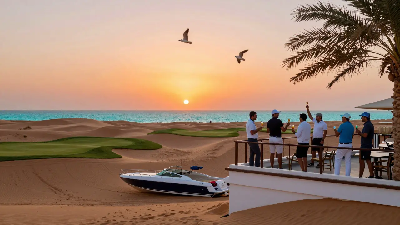Sunset view from Al Hamra Golf Club's rooftop terrace, with ocean meeting desert and a speedboat below.