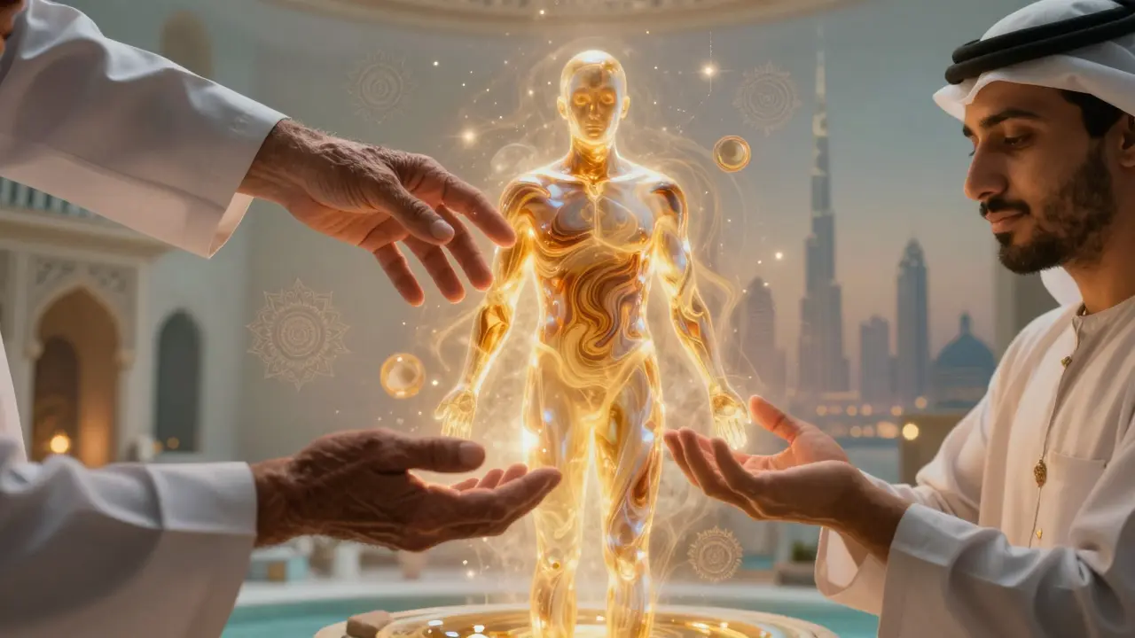 Symbolic image of healing hands over a glowing human form, blending cultural elements of Dubai, Persia, and India in soft light.