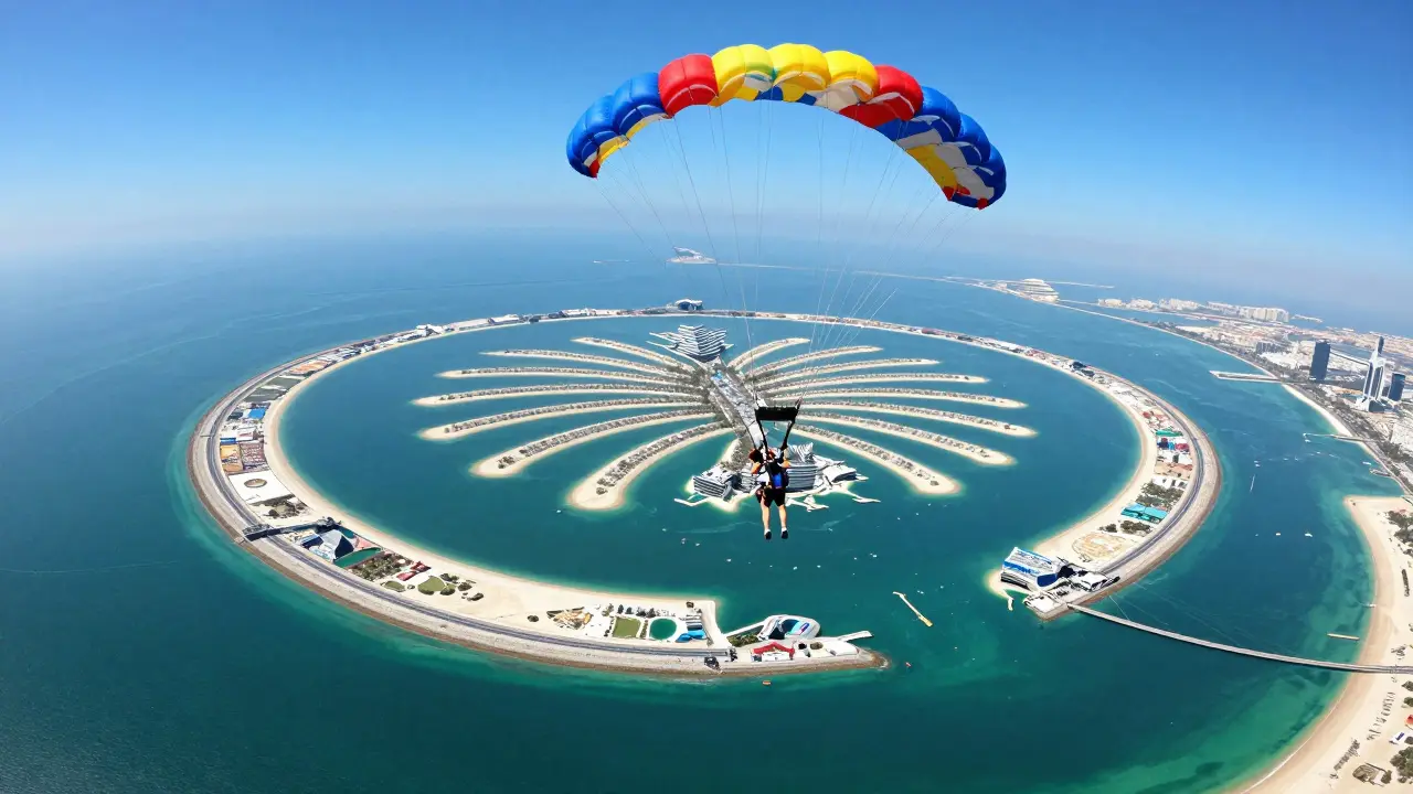 Tandem skydiving view over Palm Jumeirah island with parachutes open above turquoise water.