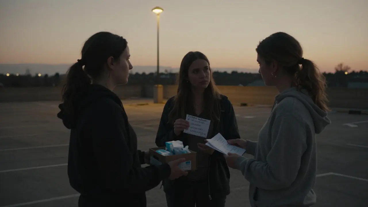 Three women exchange supplies in a deserted parking lot at dawn, one looking nervously over her shoulder.