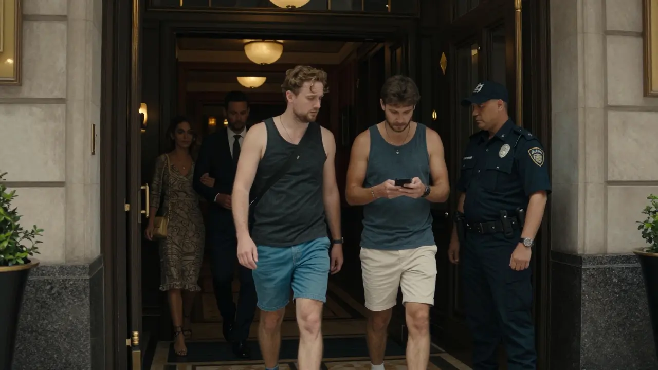 Tourists turned away from a luxury Dubai nightclub for inappropriate attire, while others enter dressed formally.