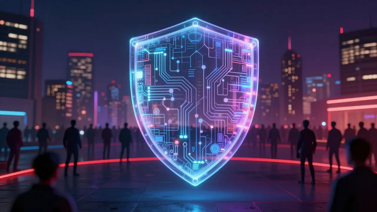 Translucent security shield over a city representing digital safety