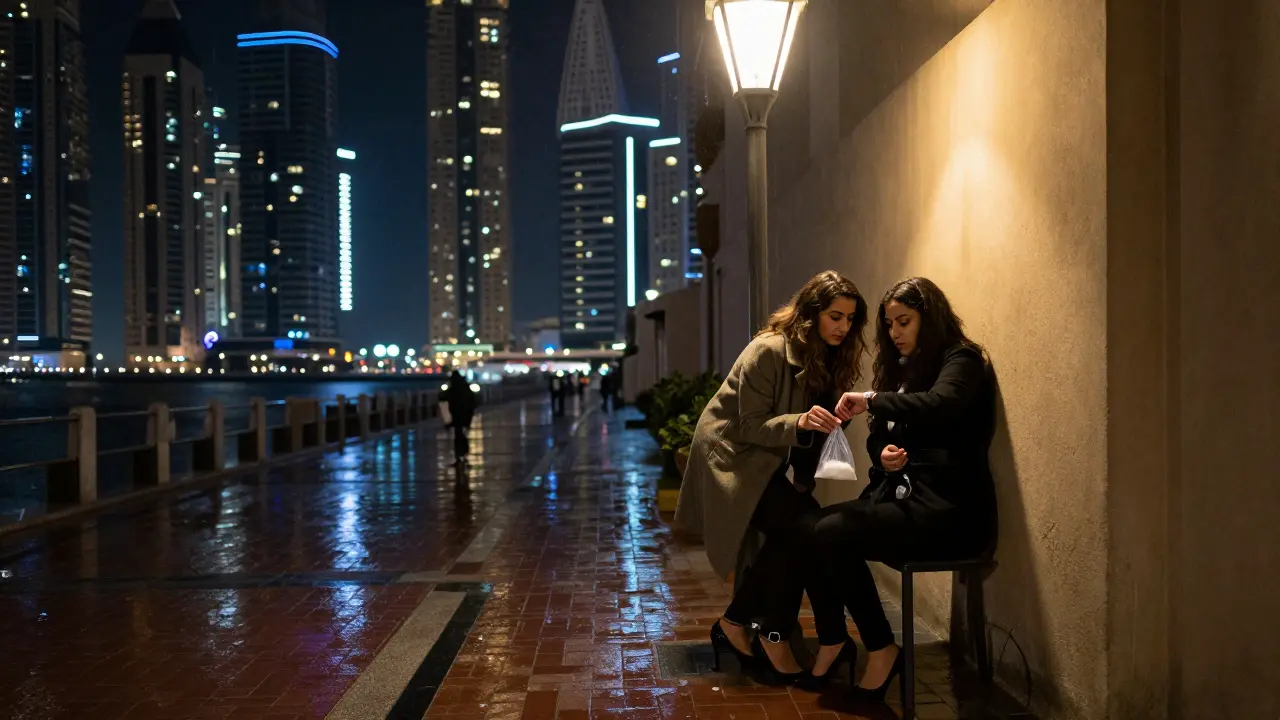 Two women huddle in a Dubai alley at night, one holding a drug bag, luxury buildings glowing behind them under a flickering streetlamp.