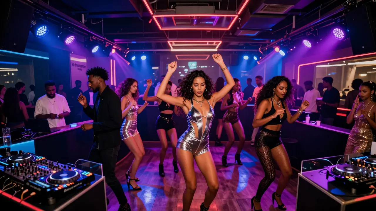 Vibrant nightclub interior with stylish crowd and performers in elegant outfits, no nudity, strict no-photography policy.