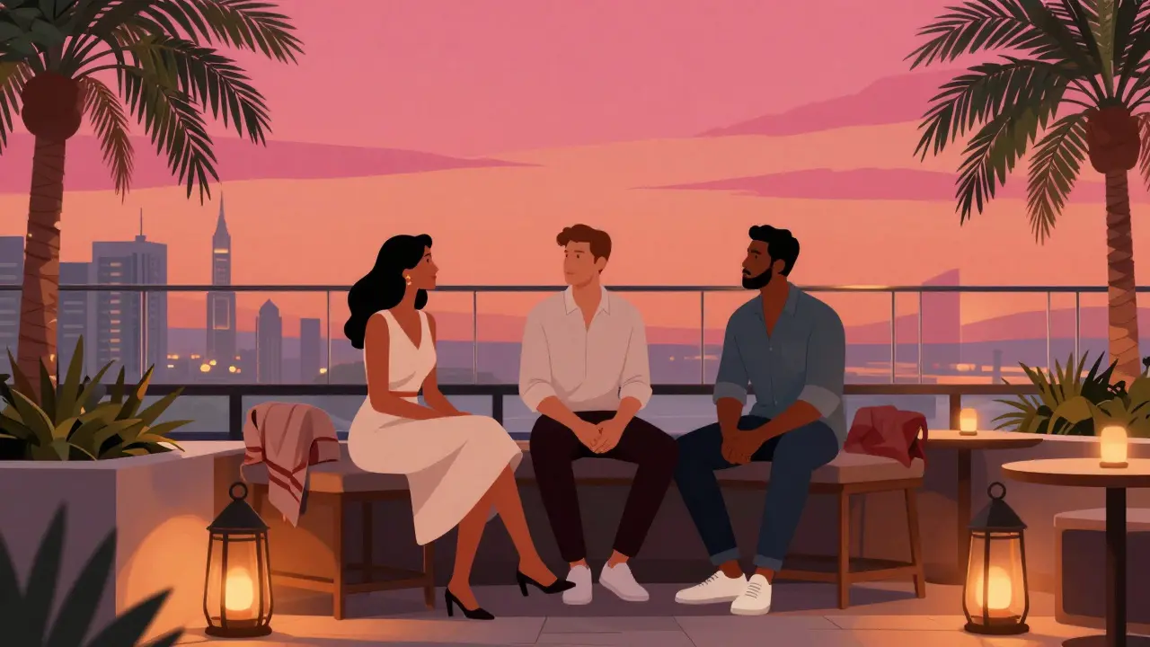 Well-dressed group at luxury Dubai rooftop bar during sunset