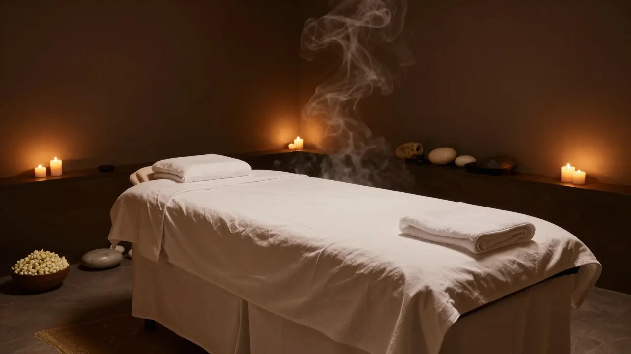 A luxurious, dimly lit wellness room with candles and a massage table.