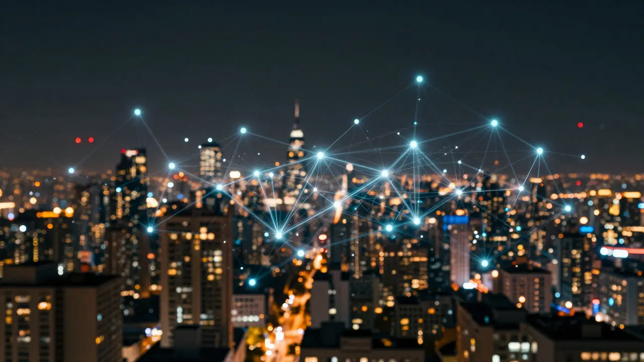 Abstract data network floating above city skyline.