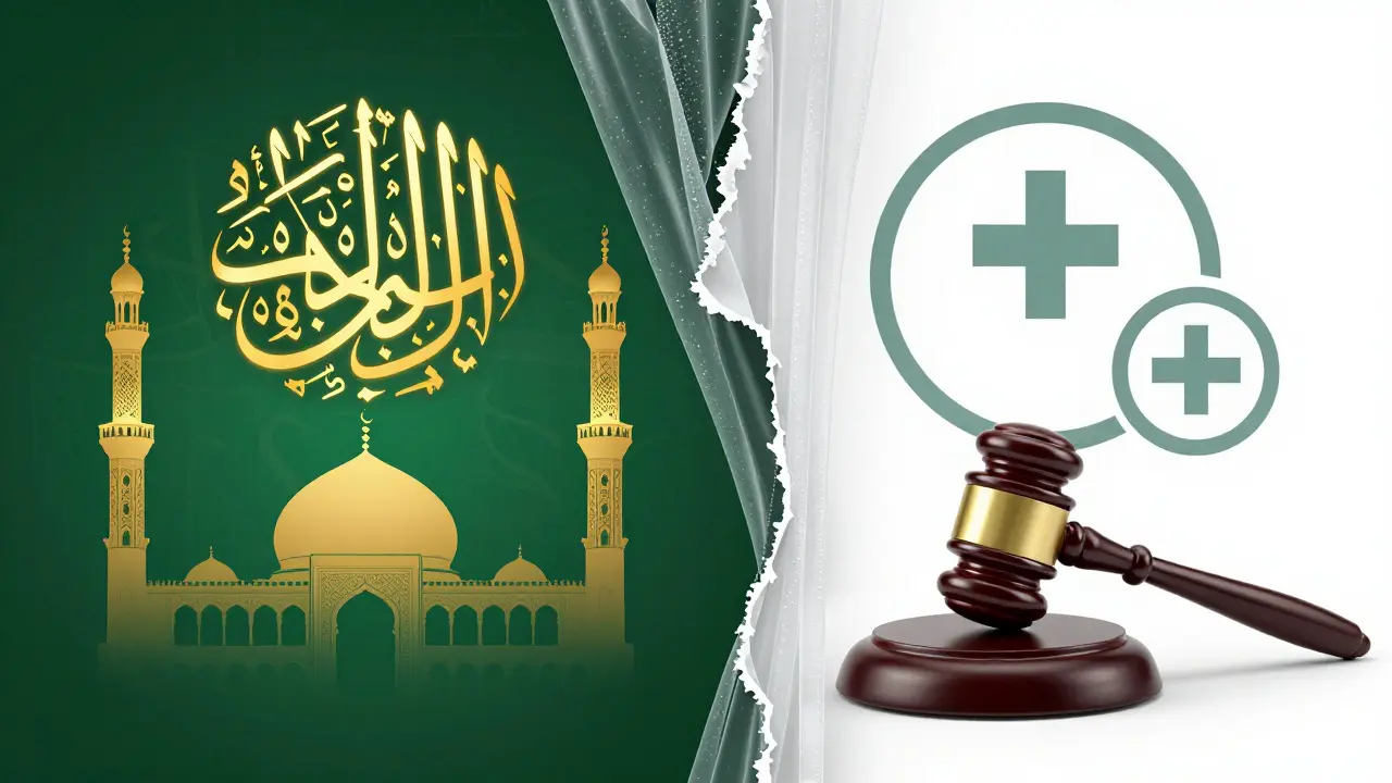 Artistic representation of Islamic cultural values facing modern legal and health regulations.