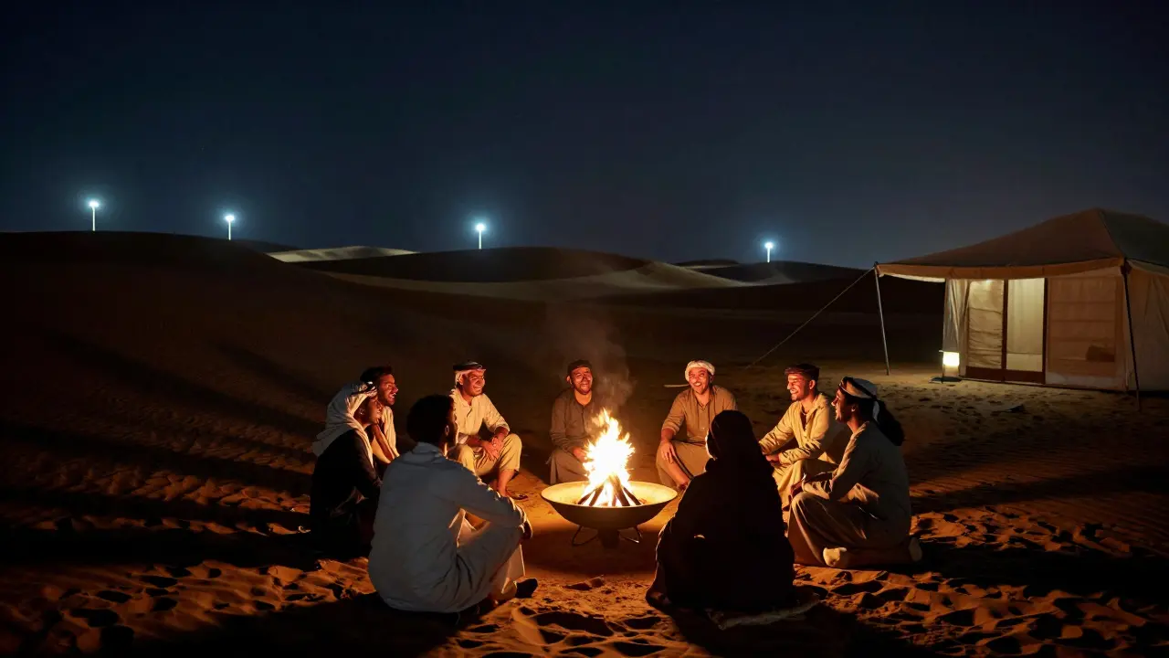 Bachelor party celebrating around campfire at private desert location at night.