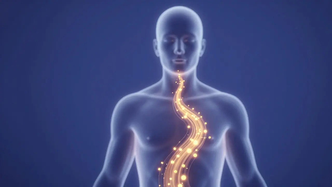 Conceptual art of golden energy flowing through a silhouette to represent stress relief.