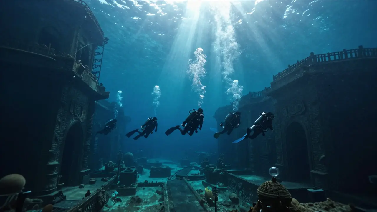 Divers exploring the sunken city at Deep Dive Dubai underwater pool