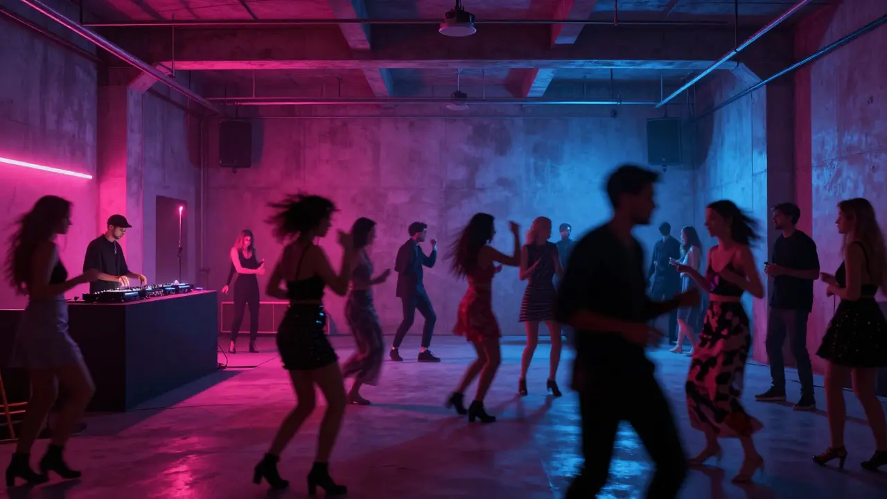 Diverse people dancing at a neon-lit underground party in a concrete warehouse