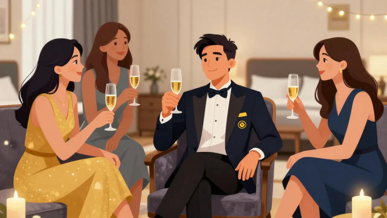 Friends laughing at groom in funny patched suit inside luxury hotel suite.