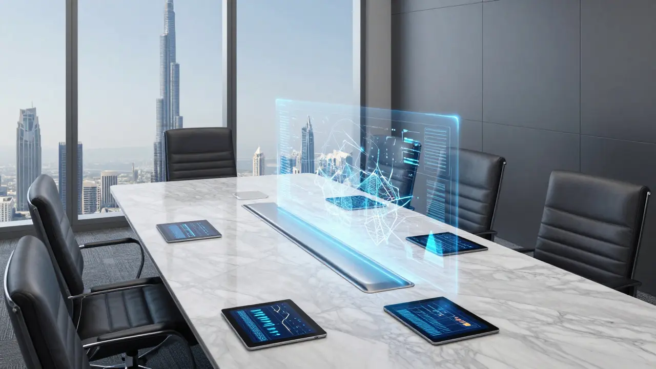 Modern corporate boardroom overlooking Dubai with digital maps and economic data.