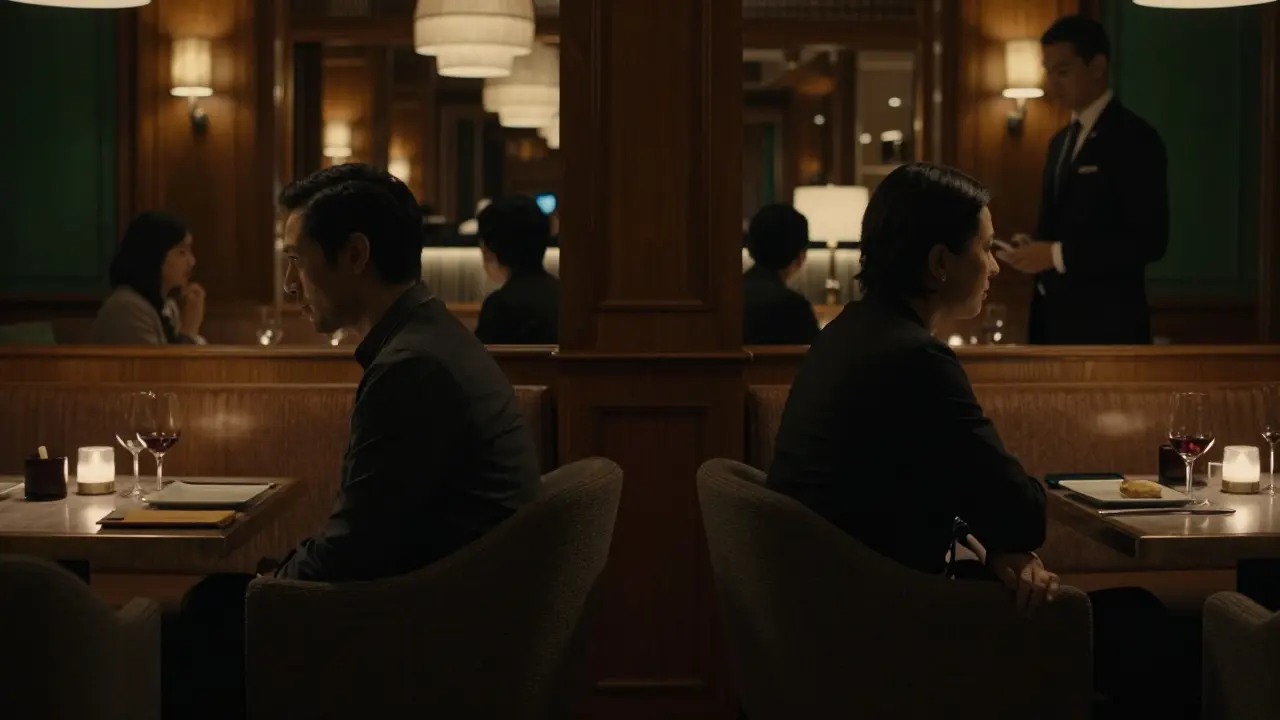 People sitting discretely in a dimly lit hotel lounge.