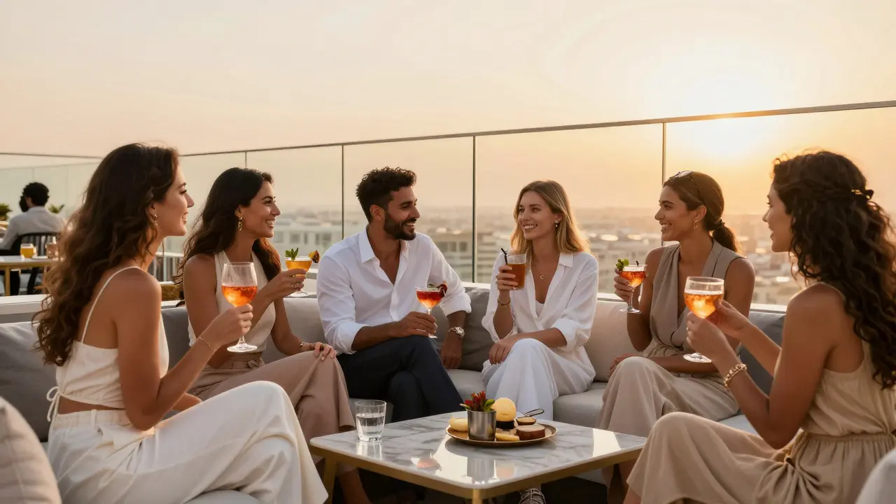 Sophisticated friends enjoying cocktails at a luxury Dubai rooftop lounge