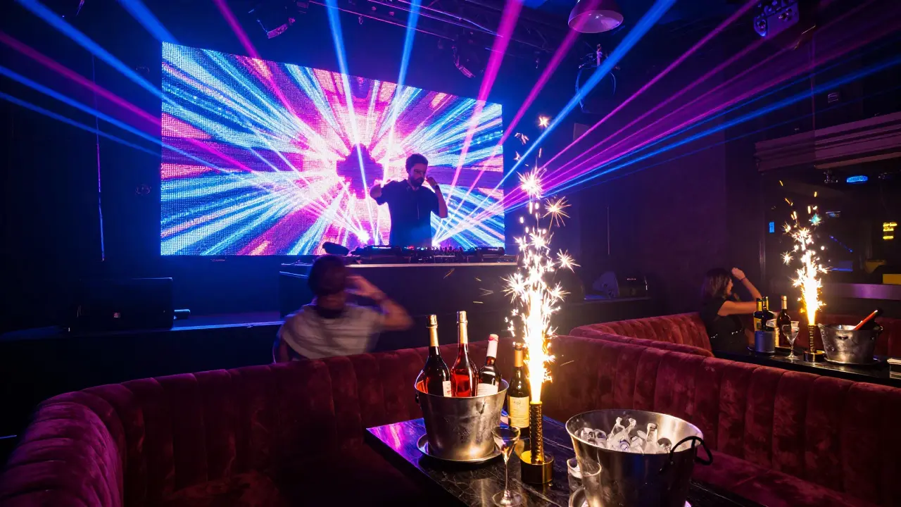 VIP table with bottle service and neon lights in a glamorous Dubai nightclub