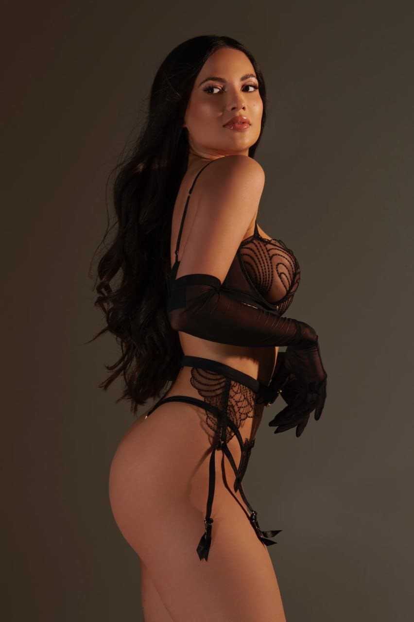 Standing in profile against brown, a woman wears black lace lingerie, a garter belt, and elbow-length gloves, looking over her shoulder.
